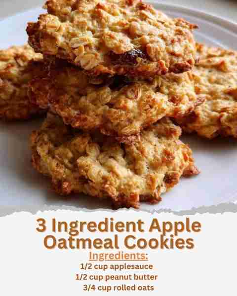3 Ingredient Apple Oatmeal Cookies Ingredients: - 1/2 cup applesauce - 1/2 cup peanut butter - 3/4 c...