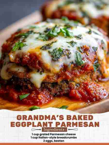 Grandma’s Baked Eggplant Parmesan Ingredients: 1 cup grated Parmesan cheese 1 cup Italian-style brea...