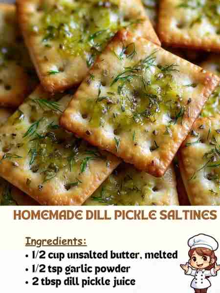 Homemade Dill Pickle Saltines Ingredients ½ cup unsalted butter, melted ½ tsp garlic powder 2 tbsp d...