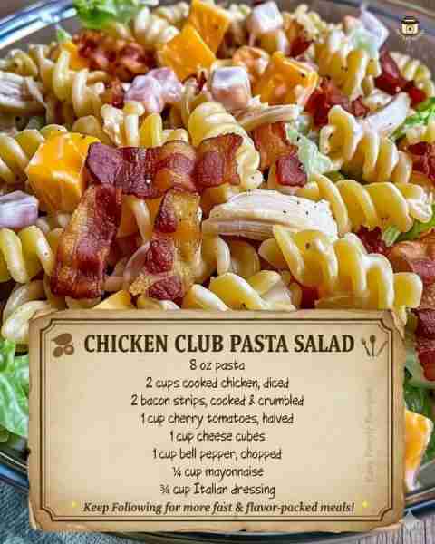 This Chicken Club Pasta Salad has all the flavors you crave: smoky bacon, juicy chicken, crisp peppe...