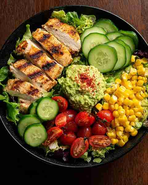 Tried once, made twice — Grilled Chicken Salad Bowl with Guacamole, Corn, Tomatoes & Cucumber
