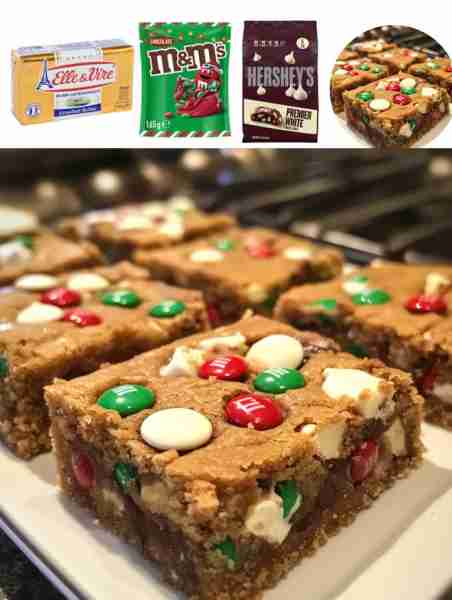 Christmas Cookie Bars Ingredients: - 1 cup unsalted butter, softened - 1 cup brown sugar - 1/2 cup g...