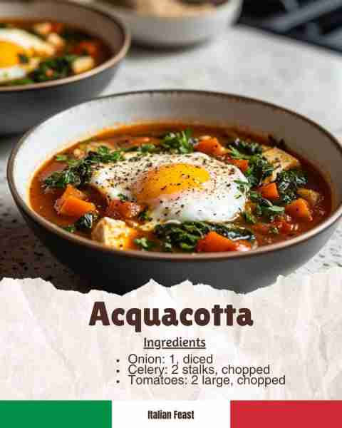 🍲 Acquacotta A rustic Tuscan soup originally made by farmers, featuring vegetables, broth, and a po...