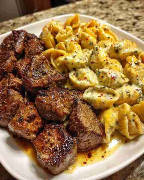 Garlic Butter Steak Tips with Cheesy Shells in Cheddar Sauce Ingredients: 1 ½ lbs sirloin or ribeye...