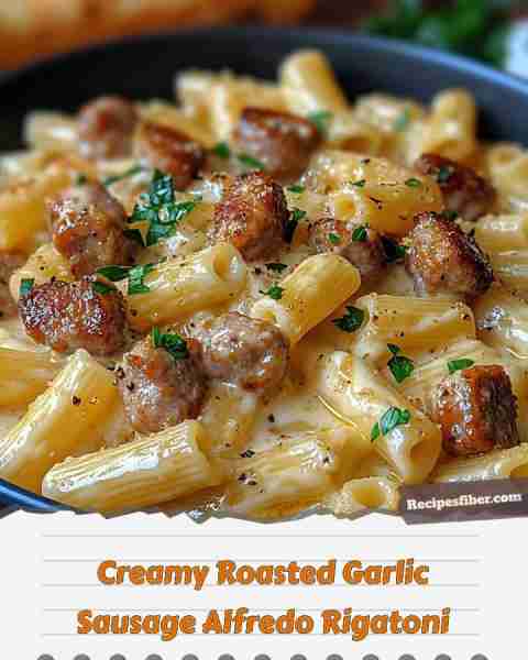 Creamy Roasted Garlic Sausage Alfredo Rigatoni 🍝 Deliciously creamy and bursting with flavor! 📋...