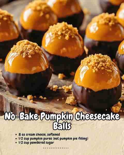 No-Bake Pumpkin Cheesecake Balls Ingredients: - 8 oz cream cheese, softened - 1/2 cup pumpkin puree...