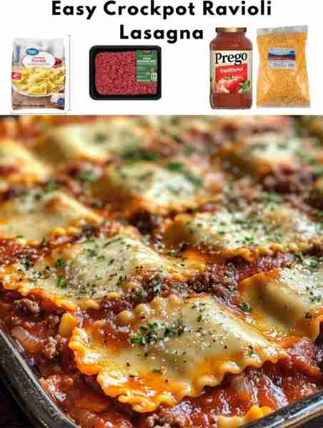 - 1 lb ground beef - 1 jar of marinara sauce - 1 package of frozen ravioli - 2 cups of shredded mozz...