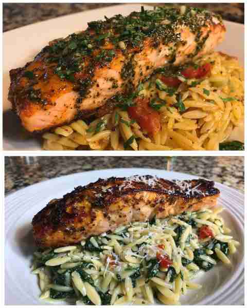 Pesto Salmon with Spinach Orzo Herb-Crusted Pesto Salmon with Creamy Spinach Orzo Ingredients: 2 sal...