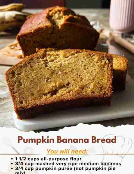 Pumpkin Banana Bread Ingredients: - 1 1/2 cups all-purpose flour - 1 teaspoon baking powder - 1/4 te...