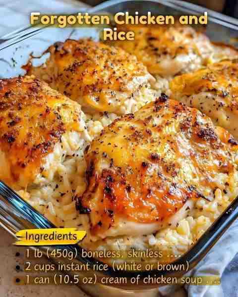 Forgotten Chicken and Rice 🍗🍚 Ingredients: • 1 lb (450g) boneless, skinless chicken breasts • 2 cu...