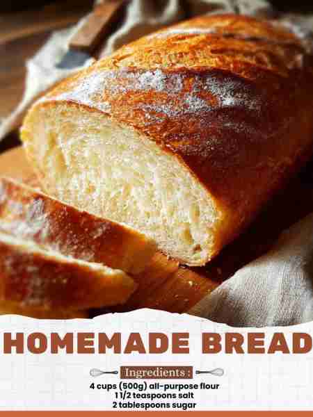 Homemade Bread Ingredients: 4 cups (500g) all-purpose flour 1 1/2 teaspoons salt 2 tablespoons sugar