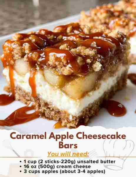 Caramel Apple Cheesecake Bars Ingredients: Crust - 1 cup (2 sticks-220g) unsalted butter, room tempe...