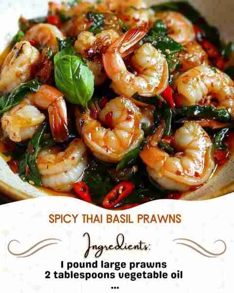 Spicy Thai Basil Prawns Ingredients: 1 pound large prawns, peeled and deveined 2 tablespoons vegeta...