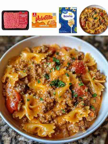 Creamy Velveeta Beef & Bowtie Pasta Ingredients: - 1 lb ground beef - 1 box bowtie pasta - 1 can dic...