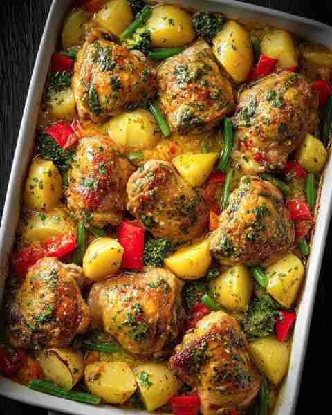 My mom said this needs to be shared — One-Pan Herb Roasted Chicken Thighs with Potatoes & Vegetables