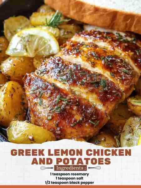 Greek Lemon Chicken and Potatoes Ingredients: 1 teaspoon rosemary 1 teaspoon salt 1/2 teaspoon black...