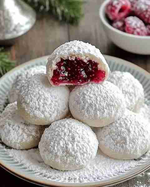 Raspberry-Filled Almond Snow Cookies🍪❤️ Ingredients: 1 cup unsalted butter, softened 1/2 cup powder...