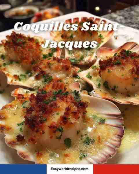 🌊🐚 Coquilles Saint-Jacques Scallops in a creamy wine sauce, topped with breadcrumbs and cheese, th...