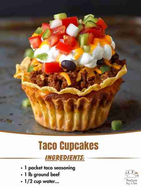 🌮🧁 Taco Cupcakes Recipe 🛒 Ingredients: • 1 lb ground beef (or ground turkey) • 1 packet taco sea...