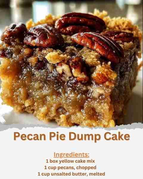 Pecan Pie Dump Cake Ingredients: - 1 box yellow cake mix - 1 cup pecans, chopped - 1 cup unsalted...