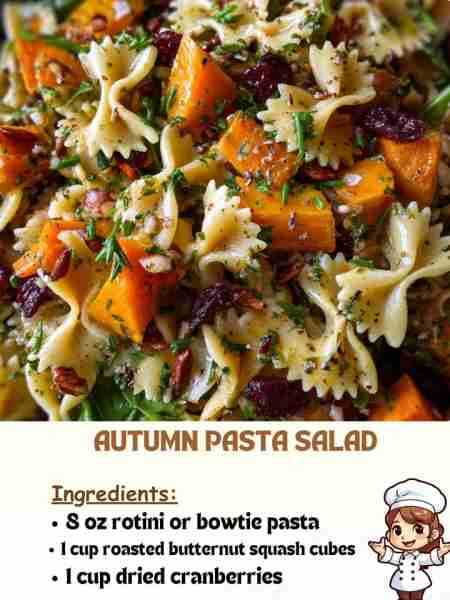 Autumn Pasta Salad Ingredients 8 oz rotini or bowtie pasta 1 cup roasted butternut squash cubes 1 cu...