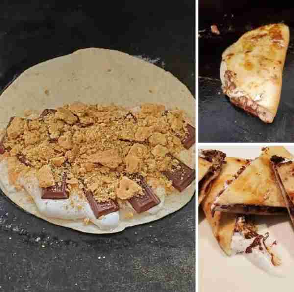 S'mores quesadilla! Butter one side of tortilla, lay down on low heat griddle. Spread marshmallow fl...