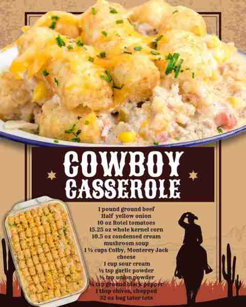 COWBOY CASSEROLE! 1 pound ground beef Half yellow onion 10 oz Rotel tomatoes 15.25 oz whole kernel c...