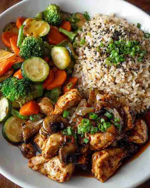 🍛 Teriyaki Chicken Bowl with Stir-Fried Veggies & Brown Rice 🍄🥕🍚 Prep Time: 15 minutes Cook Time...