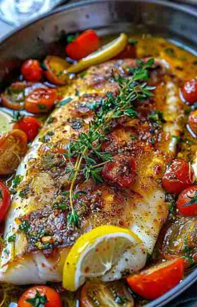 Mediterranean Baked Fish Ingredients: 4 white fish fillets (such as cod or tilapia) 1 cup cherry tom...