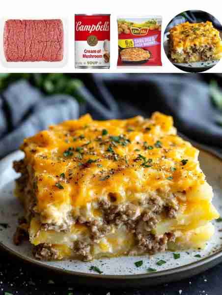 Meat & Potato Casserole Ingredients: - 1 lb ground beef - 1 onion, diced - 2 cloves garlic, minced -...