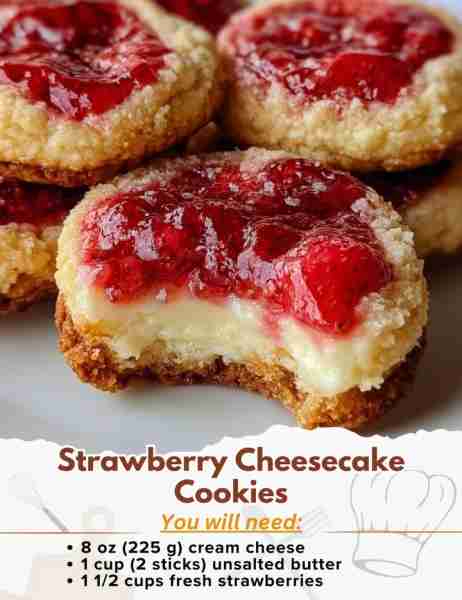 Strawberry Cheesecake Cookies Ingredients: For the Cheesecake Filling - 8 oz (225 g) cream cheese, s...