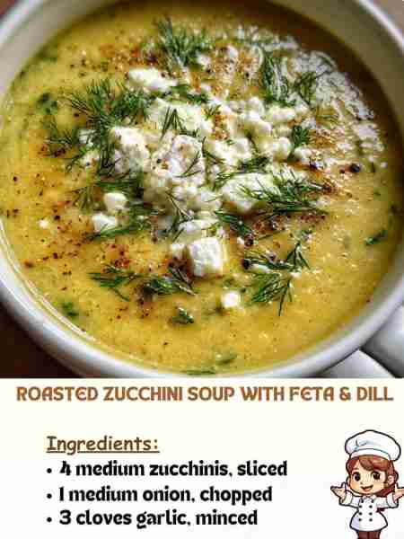 Roasted Zucchini Soup with Feta & Dill Ingredients 4 medium zucchinis, sliced 1 medium onion, choppe...