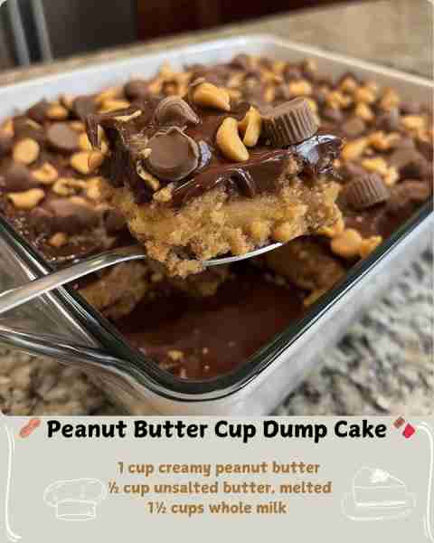 🥜 Peanut Butter Cup Dump Cake 🍫 Ingredients 1 (15.25 oz) box chocolate cake mix 1 cup creamy peanu...