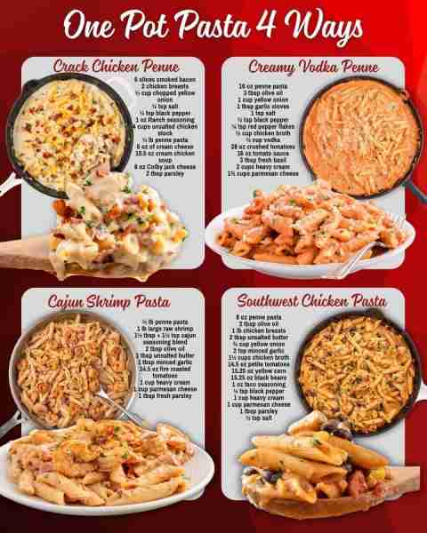 ONE POT PASTA RECIPES! CRACK CHICKEN PENNE: 6 slices smoked bacon 2 chicken breasts ½ cup chopped ye...