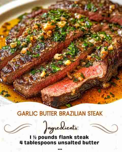 Garlic Butter Brazilian Steak Ingredients: 1 ½ pounds flank steak 4 tablespoons unsalted butter 4...