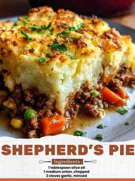 Shepherd’s Pie Ingredients: 1 tablespoon olive oil 1 medium onion, chopped 2 cloves garlic, minced