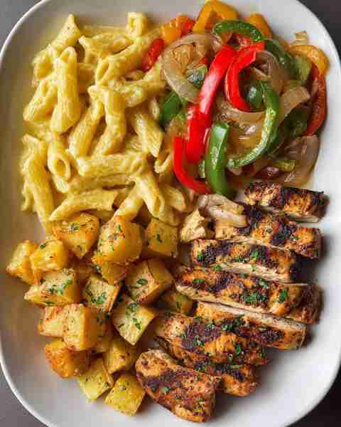 🍽️ Grilled Chicken Plate with Creamy Pasta, Roasted Potatoes & Sautéed Peppers 🧀🌶️ Prep Time: 20 mi...