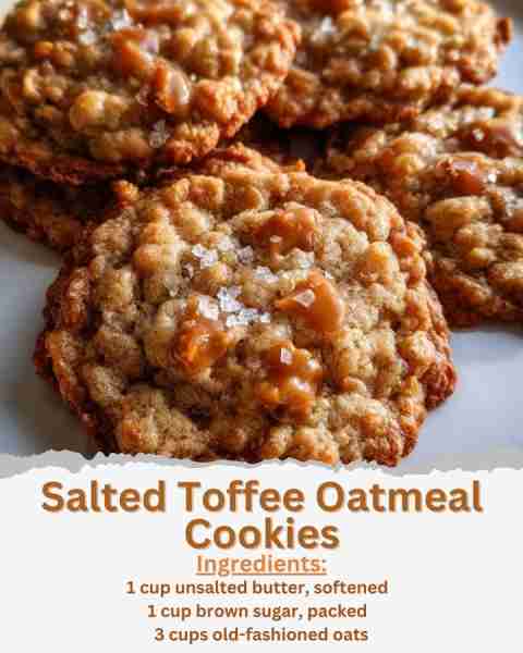 Salted Toffee Oatmeal Cookies Ingredients: - 1 cup unsalted butter, softened - 1 cup brown sugar, p...