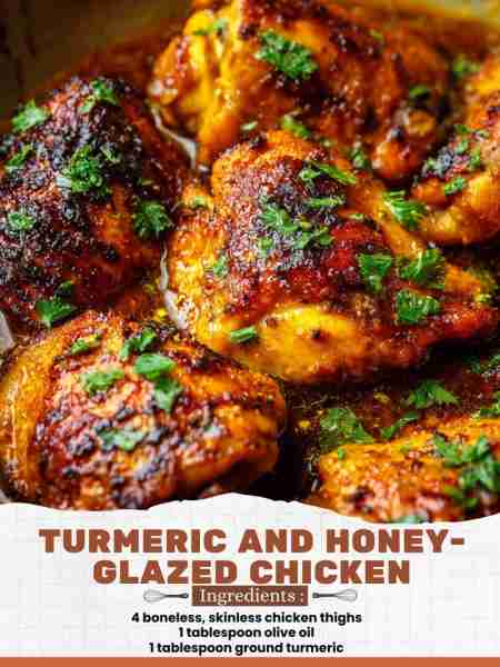 Turmeric and Honey-Glazed Chicken Ingredients: 4 boneless, skinless chicken thighs 1 tablespoon oliv...