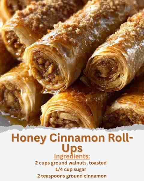 Honey Cinnamon Roll-Ups Ingredients: - 2 cups ground walnuts, toasted - 1/4 cup sugar - 2 teaspoons...
