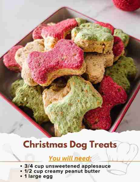 Christmas Dog Treats Ingredients: - 3/4 cup unsweetened applesauce - 1/2 cup creamy peanut butter -...