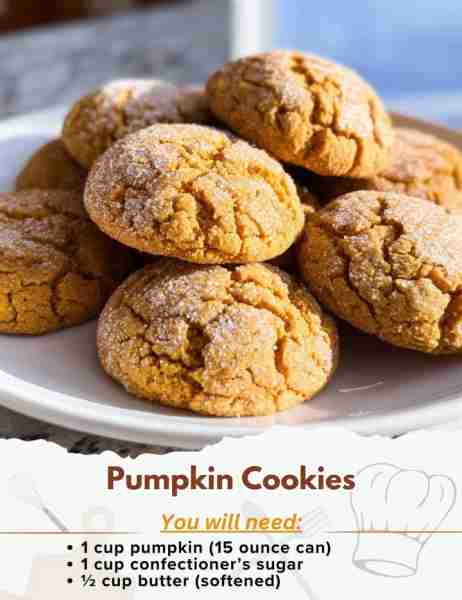 Pumpkin Cookies Ingredients: - 1 cup pumpkin (15 ounce can) - 1 cup confectioner’s sugar - ½ cup but...