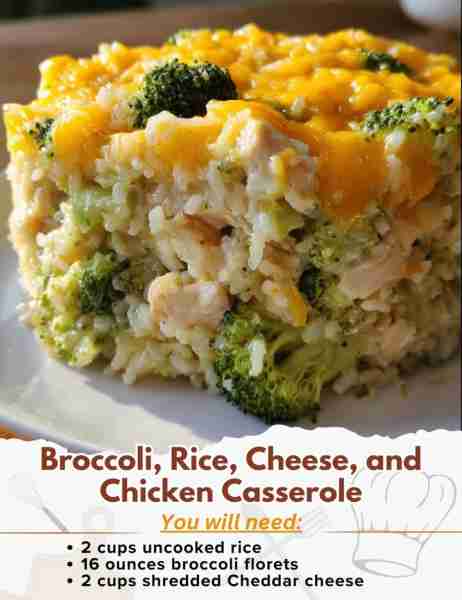 Broccoli, Rice, Cheese, and Chicken Casserole Ingredients: - 2 cups water - 2 cups uncooked rice - 1...