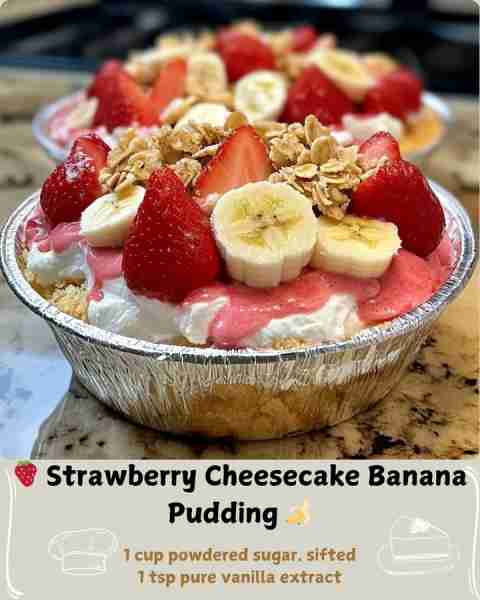 🍓 Strawberry Cheesecake Banana Pudding 🍌 Ingredients Cheesecake Layer 16 oz (2 blocks) full-fat cr...