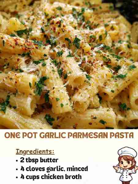 One Pot Garlic Parmesan Pasta 📝 Ingredients 2 tbsp butter 4 cloves garlic, minced 4 cups chicken b...