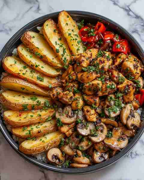 🧄 Garlic Mushroom Chicken Bowl with Crispy Potatoes & Rice 🍚🍗 Prep Time: 15 mins Cooking Time: 30...