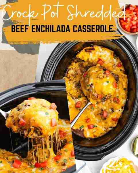 Crock Pot Shredded Beef Enchilada Casserole has all the flavors of enchiladas in an easy to make cas...