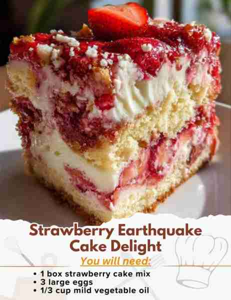 Strawberry Earthquake Cake Delight Ingredients: - 1 box strawberry cake mix - 3 large eggs - 1/3 cup...