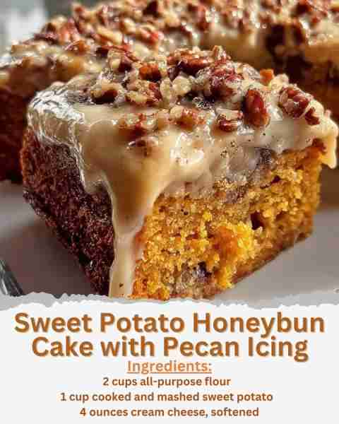 Sweet Potato Honeybun Cake with Pecan Icing Ingredients: - 2 cups all-purpose flour - 1 1/2 teaspoon...