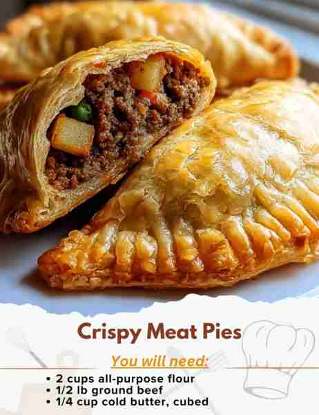 Crispy Meat Pies Ingredients: For the Dough - 2 cups all-purpose flour - 1/2 tsp salt - 1/4 cup c...